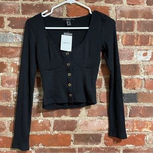 Forever 21 Black ribbed button down front long sleeve top size small NEW